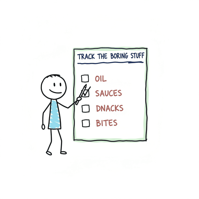 Stick figure pointing at a checklist titled 'Track the boring stuff'.