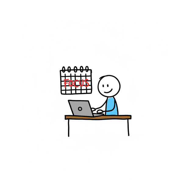 Stick figure at a clean desk with one calendar block labeled FOCUS.